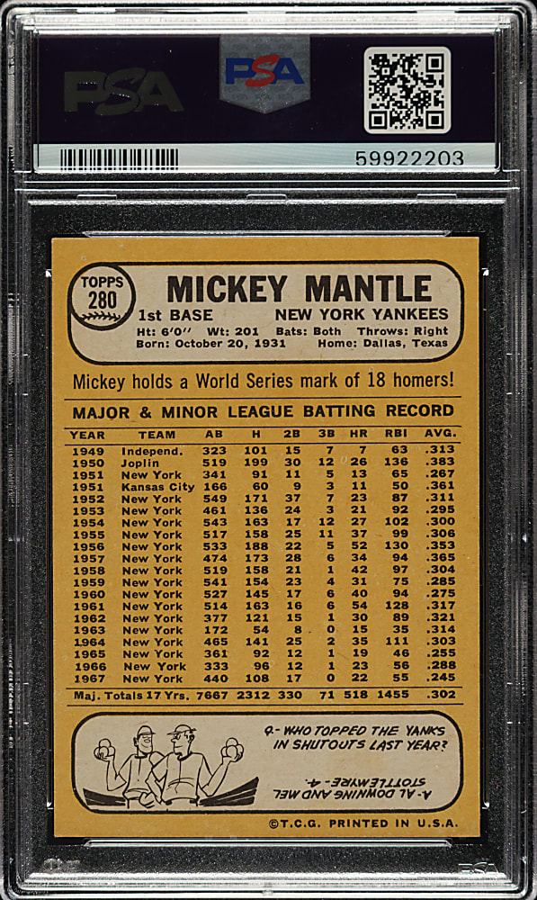 1968 Topps #280 Mickey Mantle PSA NM-MT 8