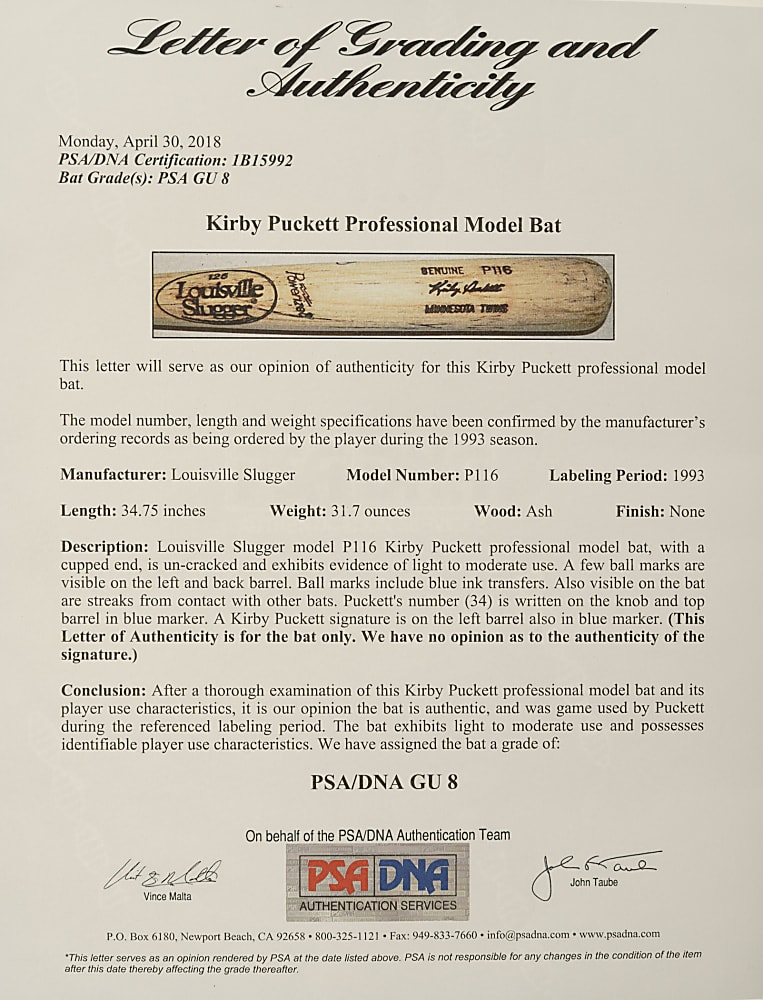 1993 Kirby Puckett Minnesota Twins Signed Game-Used Bat PSA/DNA GU 8