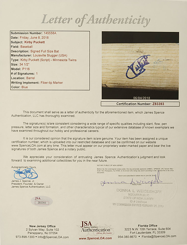 1993 Kirby Puckett Minnesota Twins Signed Game-Used Bat PSA/DNA GU 8