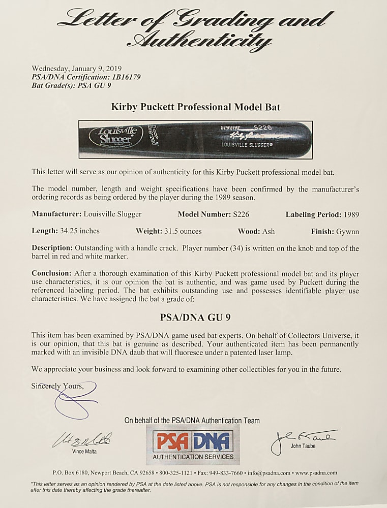 1989 Kirby Puckett Minnesota Twins Game-Used Bat PSA/DNA GU 9