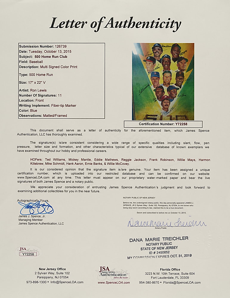 500 Home Run Club Signed Ron Lewis Print with 11 Signatures Including Mantle and Williams - JSA