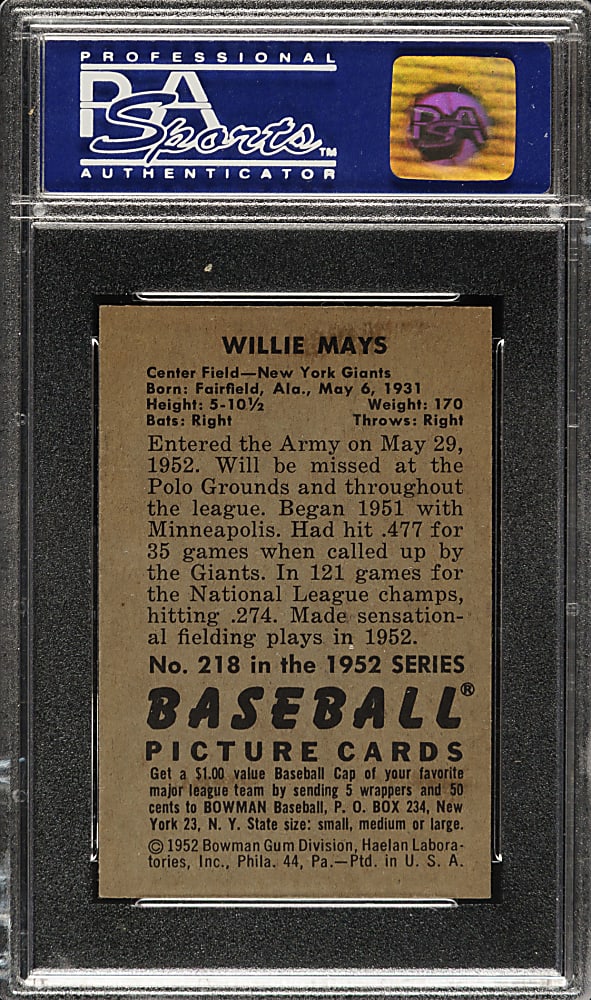 1952 Bowman #218 Willie Mays PSA EX-MT 6 (OC)