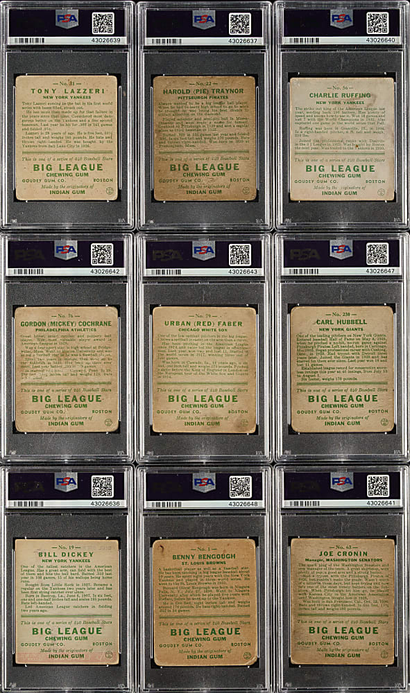 1933 R319 Goudey Partial Set (159/240) Including 12 PSA-Graded Cards