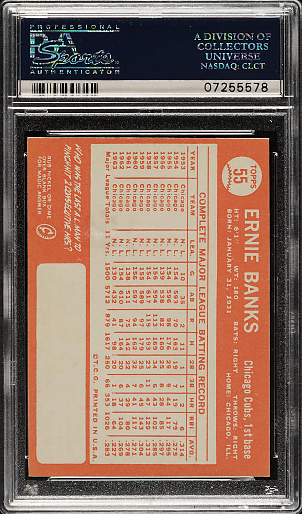 1964 Topps #55 Ernie Banks PSA MINT 9 - Highest Graded!