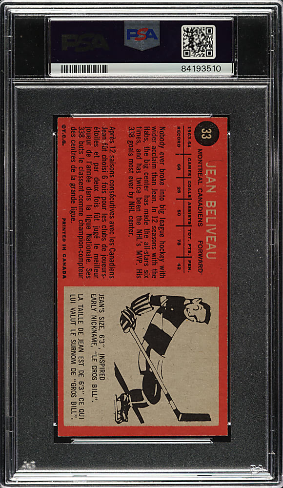 1964-1965 Topps Hockey #33 Jean Beliveau PSA NM 7