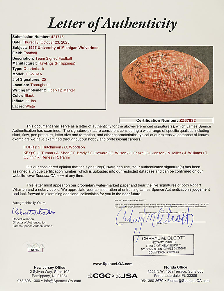 1997 Michigan Wolverines National Championship Team-Signed Football with Charles Woodson, Tom Brady, and Steve Hutchinson - JSA