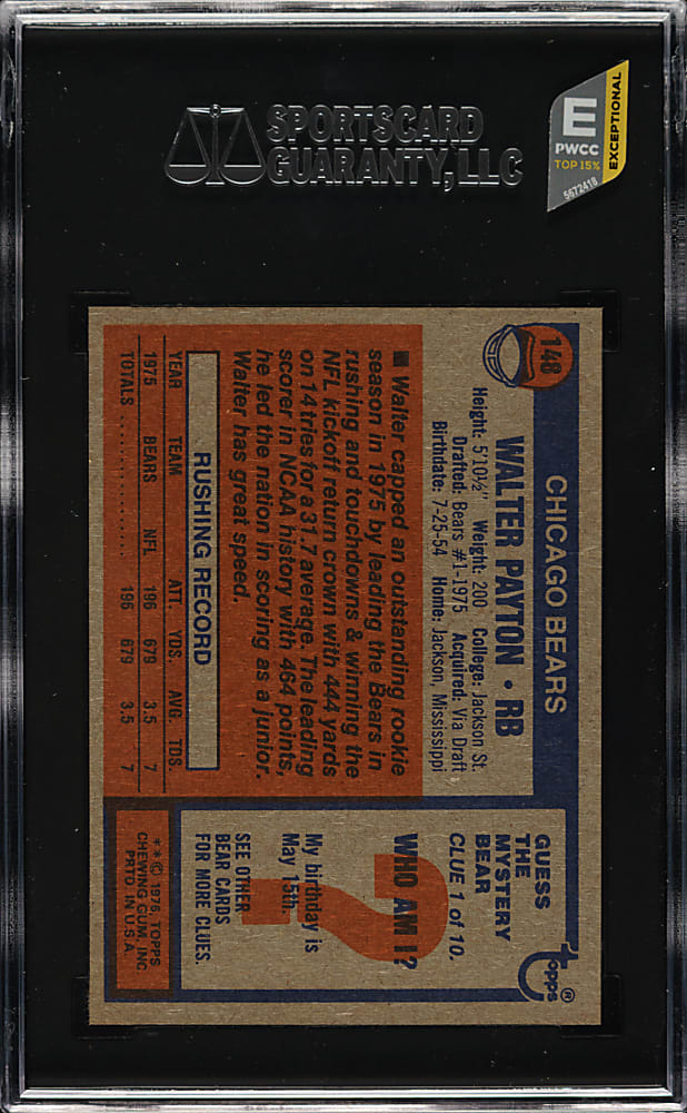 1976 Topps Football #148 Walter Payton Rookie SGC GEM MINT 10 - 1 of 2!