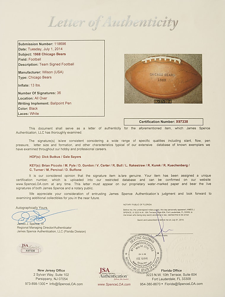 1968 Chicago Bears Team-Signed Football Including Dick Butkus, Gale Sayers, and Brian Piccolo - JSA