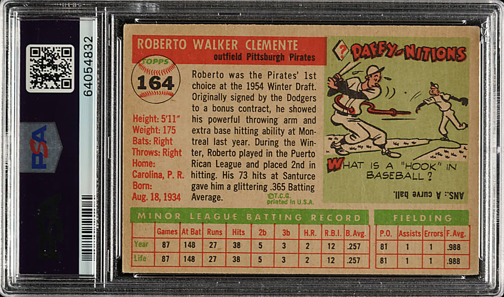1955 Topps #164 Roberto Clemente Rookie PSA GOOD 2