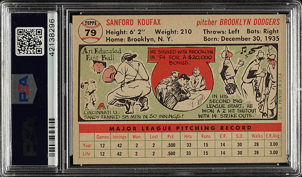 1956 Topps #79 Sandy Koufax White Back PSA NM-MT 8