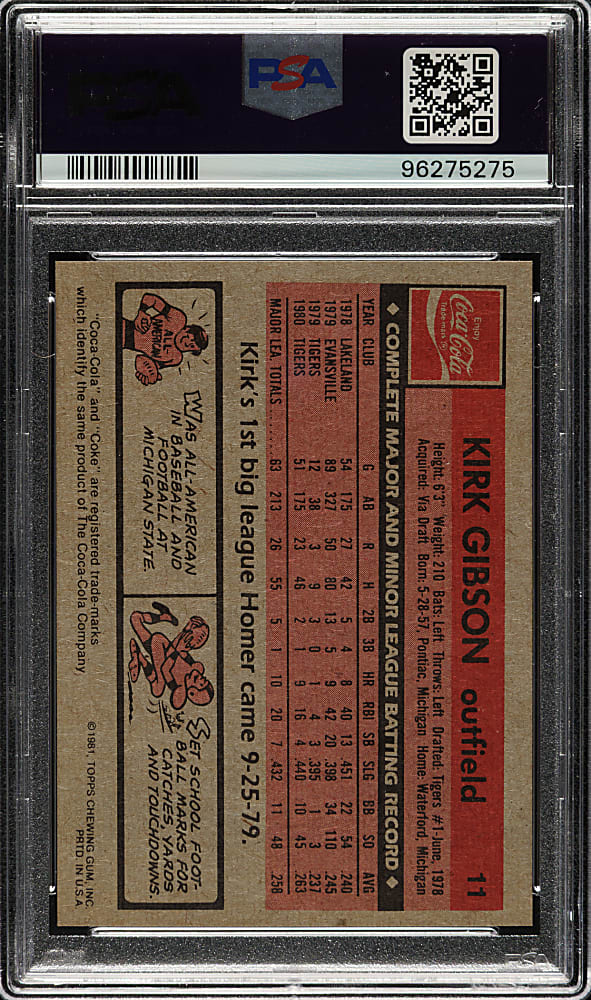 1981 Topps Coca-Cola Detroit Tigers #11 Kirk Gibson PSA GEM MINT 10