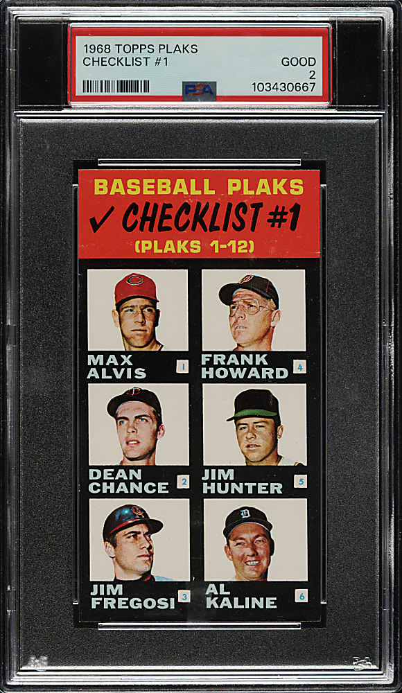 1968 Topps Plaks Checklist #1 American League Including Kaline, Killebrew, Mantle, and Yastrzemski PSA GOOD 2