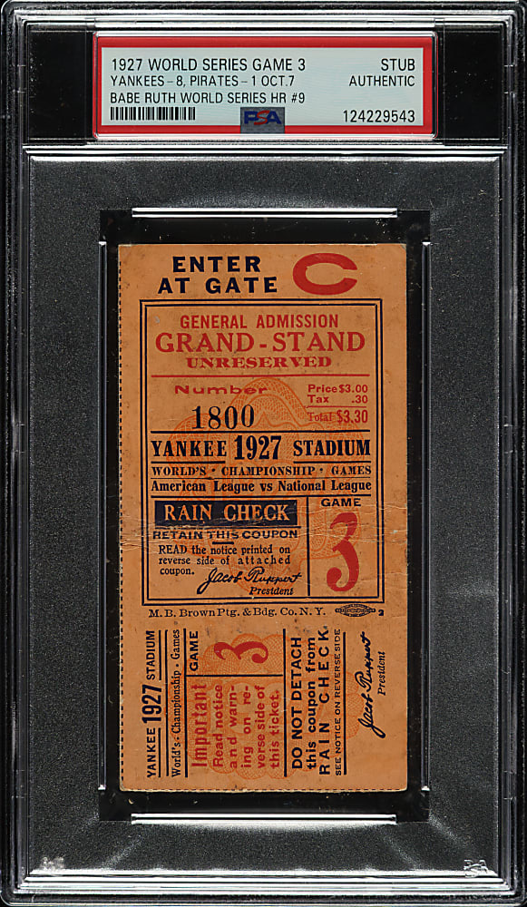 1927 New York Yankees (vs. Pittsburgh Pirates) World Series Game 3 Ticket Stub - Babe Ruth Home Run - PSA