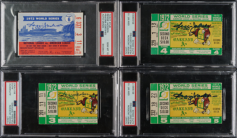 1972 Reggie Jackson Signed World Series Ticket Stub Collection (4) - PSA/DNA