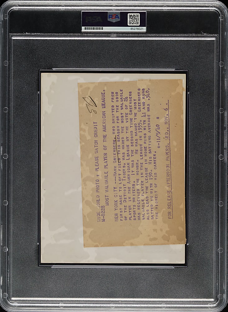 1940 Hank Greenberg Original Wide World Photos News Service Photograph PSA/DNA Type I