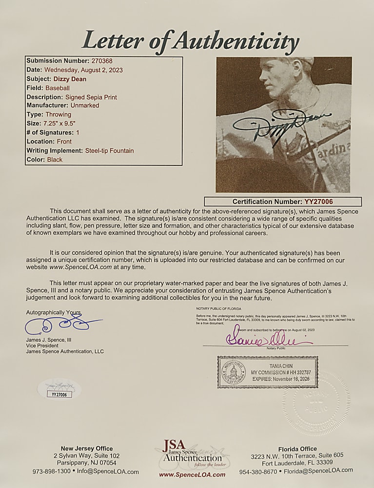 Dizzy Dean Signed Print - PSA/DNA and JSA
