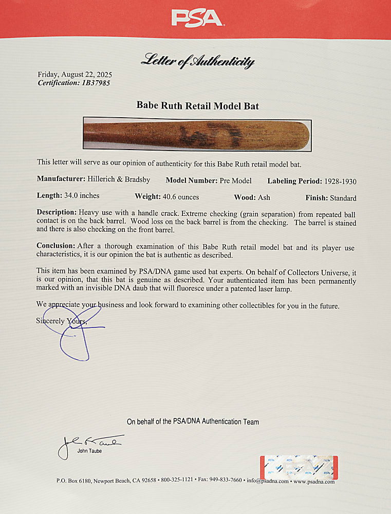 1928-1930 Babe Ruth New York Yankees Retail Model Bat - PSA/DNA