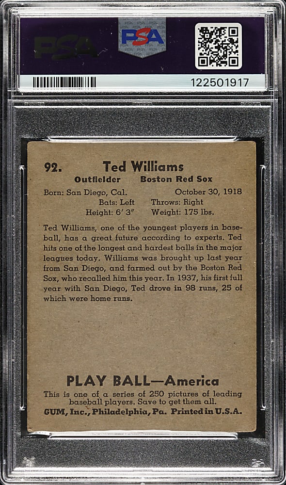 1939 R334 Play Ball #92 Ted Williams Rookie PSA GOOD+ 2.5