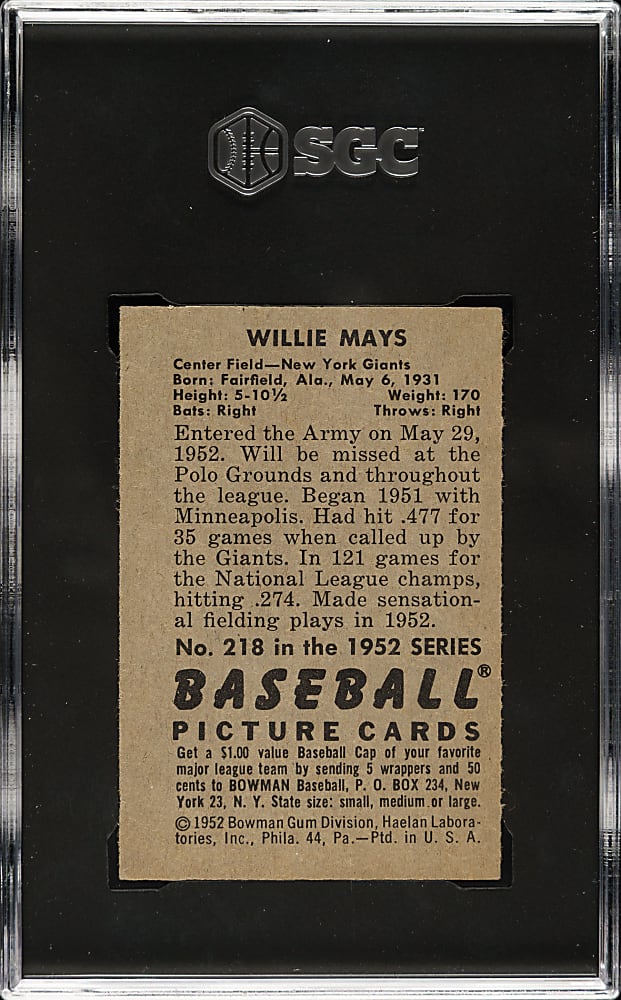 1952 Bowman #218 Willie Mays SGC VG/EX+ 4.5
