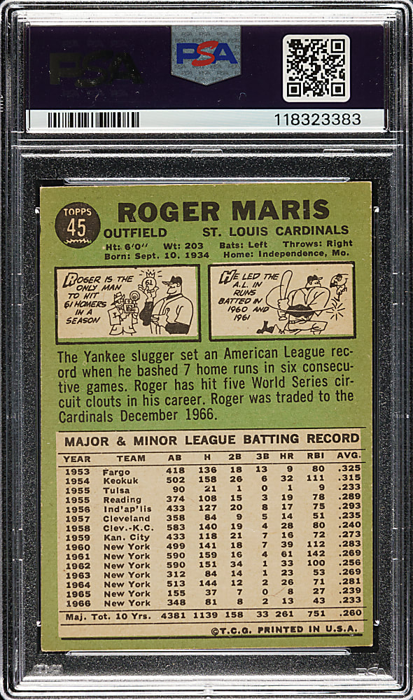 Signed 1967 Topps #45 Roger Maris PSA EX-MT 6 with MINT 9 Signature