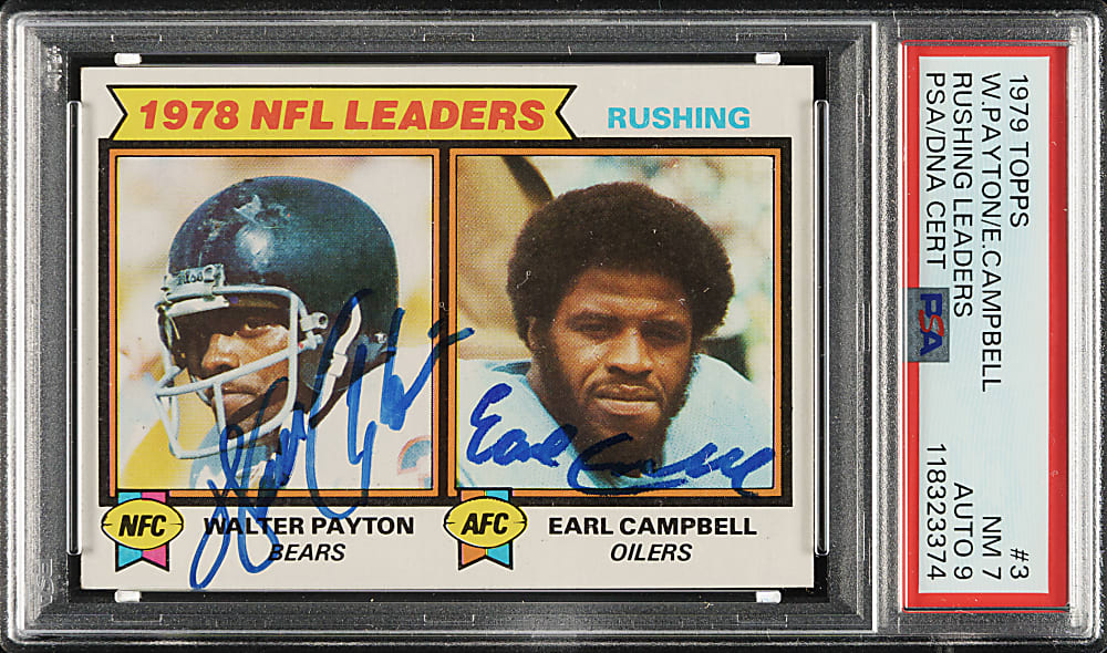 Signed 1979 Topps NFL Rushing Leaders Walter Payton and Earl Campbell PSA NM 7 with MINT 9 Signature