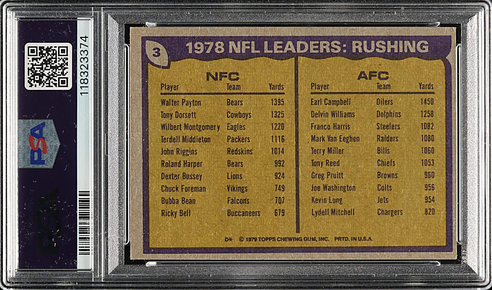 Signed 1979 Topps NFL Rushing Leaders Walter Payton and Earl Campbell PSA NM 7 with MINT 9 Signature