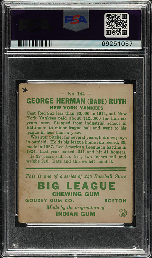 Signed 1933 R319 Goudey #144 Babe Ruth PSA FAIR 1.5 (MK) with NM 7 Signature
