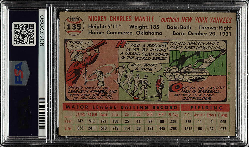 1956 Topps #135 Mickey Mantle Gray Back PSA MINT 9