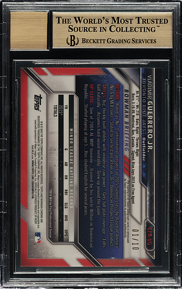 2016 Bowman Chrome Prospect Autographs #CPA-VG Vladimir Guerrero Jr. Red Shimmer Refractor #1/10 BGS GEM MINT 9.5 with GEM MINT 10 Signature