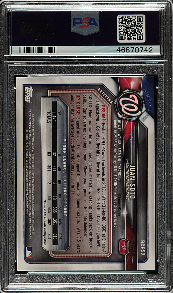 2018 Bowman Mega Box Chrome #BCP52 Juan Soto Gold Refractor #31/50 PSA GEM MINT 10