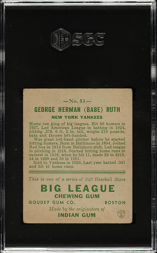 1933 R319 Goudey #53 Babe Ruth SGC GOOD 2