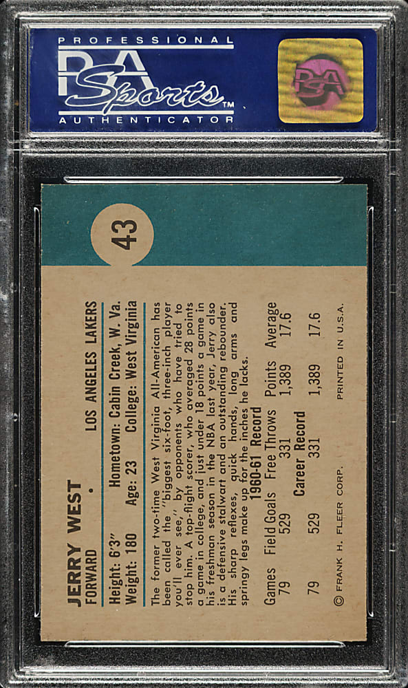 1961-1962 Fleer Basketball #43 Jerry West Rookie PSA NM-MT 8
