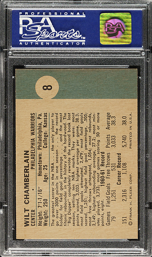 1961-1962 Fleer Basketball #8 Wilt Chamberlain Rookie PSA NM-MT 8