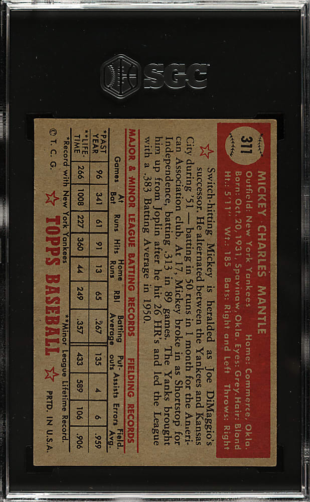 1952 Topps #311 Mickey Mantle - SGC