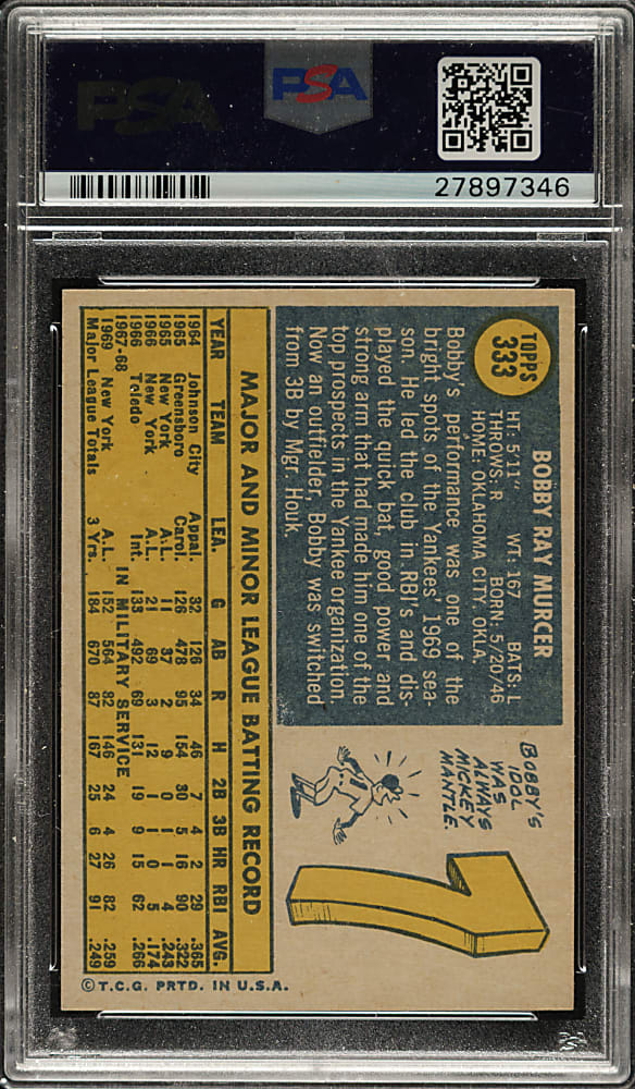 1970 Topps #333 Bobby Murcer PSA GEM MINT 10 - 1 of 2 - Highest Graded!