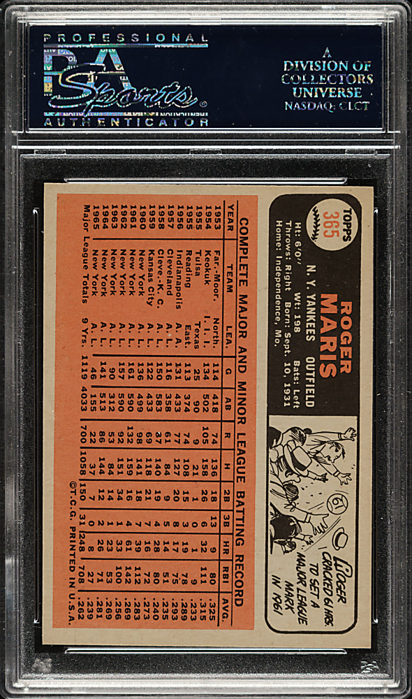 1966 Topps #365 Roger Maris PSA MINT 9