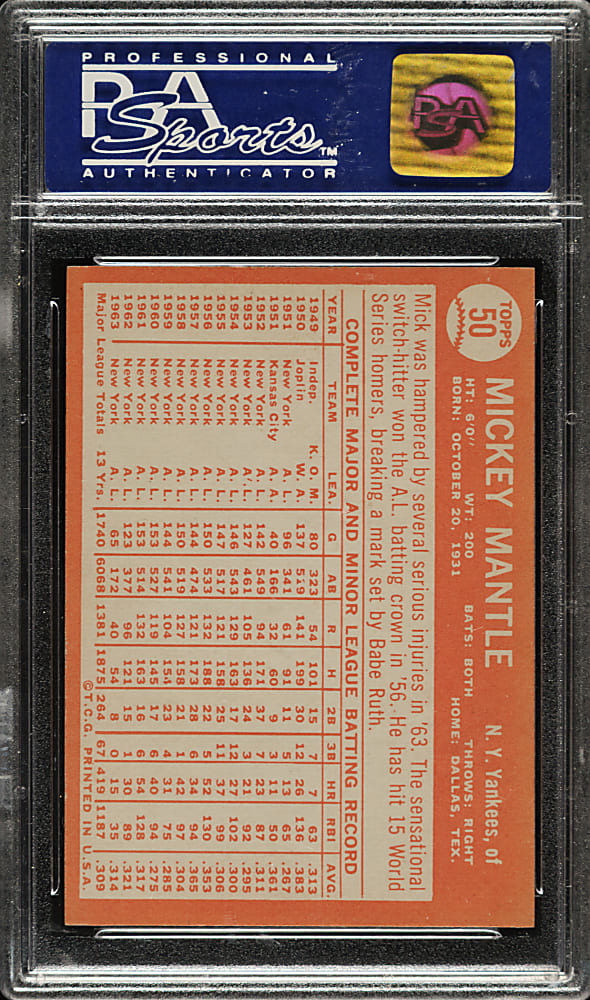 1964 Topps #50 Mickey Mantle PSA NM-MT 8