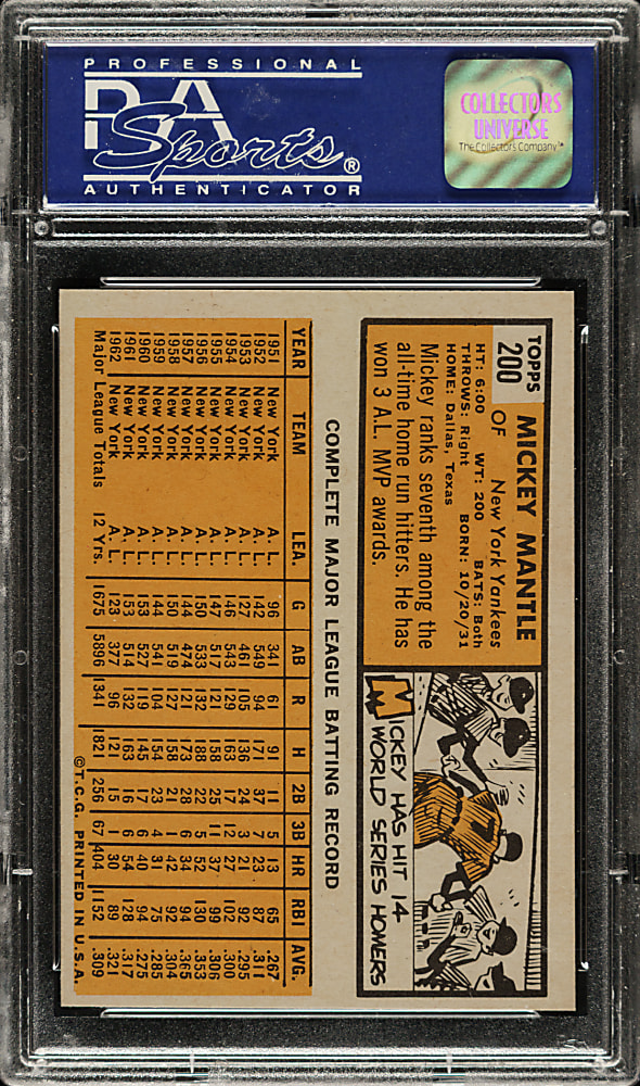 1963 Topps #200 Mickey Mantle PSA NM-MT 8