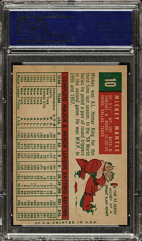 1959 Topps #10 Mickey Mantle PSA NM-MT 8
