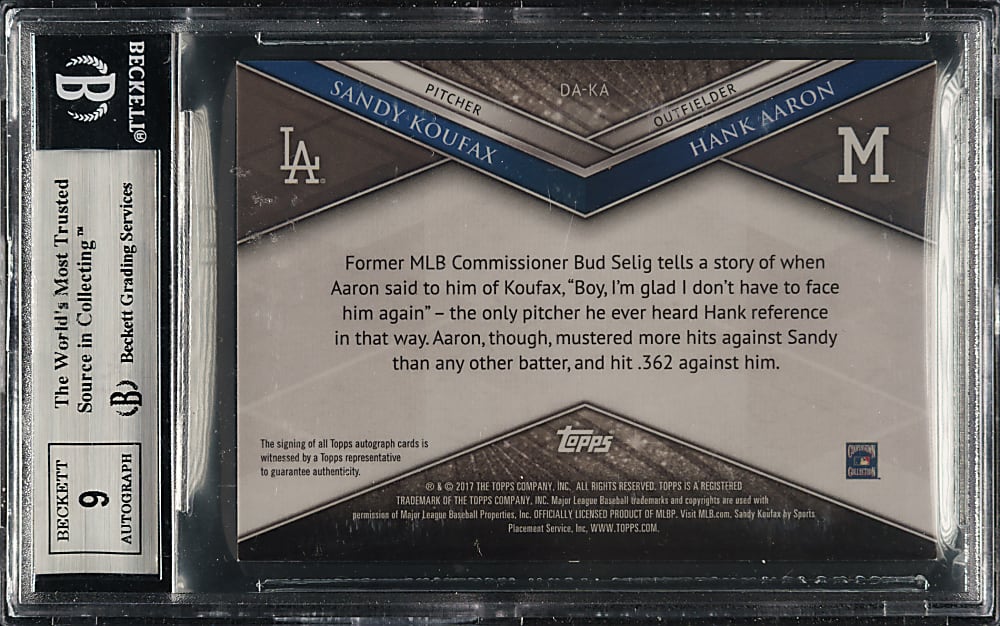 2017 Topps Tribute Dual Autographs #DA-KA Sandy Koufax and Hank Aaron Red #2/10 BGS MINT 9 with MINT 9 Signature