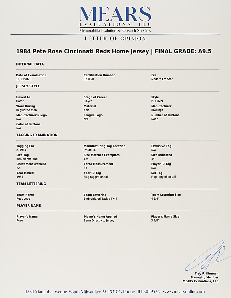 1984 Pete Rose Cincinnati Reds Signed Game-Used Home Jersey MEARS A9.5