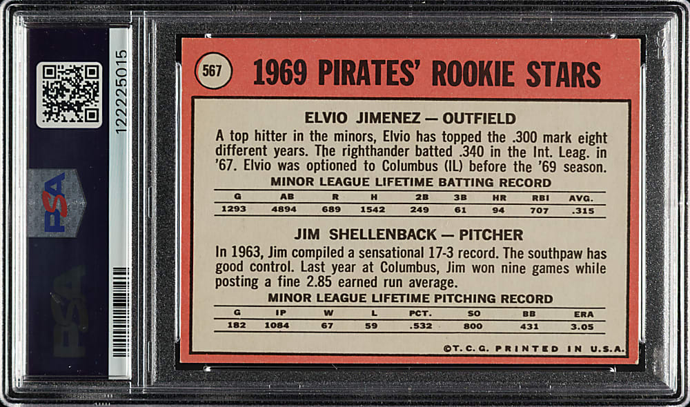 1969 Topps #567 Pittsburgh Pirates Rookies No Black Outline Variation PSA EX-MT 6