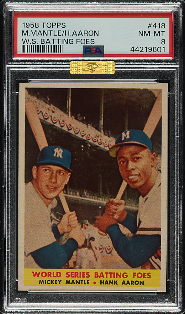 1958 Topps #418 World Series Batting Foes with Mickey Mantle and Hank Aaron PSA NM-MT 8 (MBA Gold Diamond)
