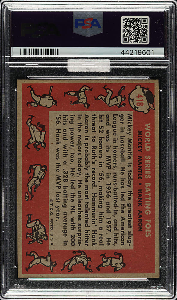 1958 Topps #418 World Series Batting Foes with Mickey Mantle and Hank Aaron PSA NM-MT 8 (MBA Gold Diamond)