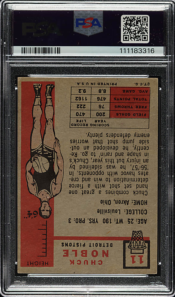 Signed 1957-1958 Topps Basketball #11 Chuck Noble PSA/DNA GEM MINT 10