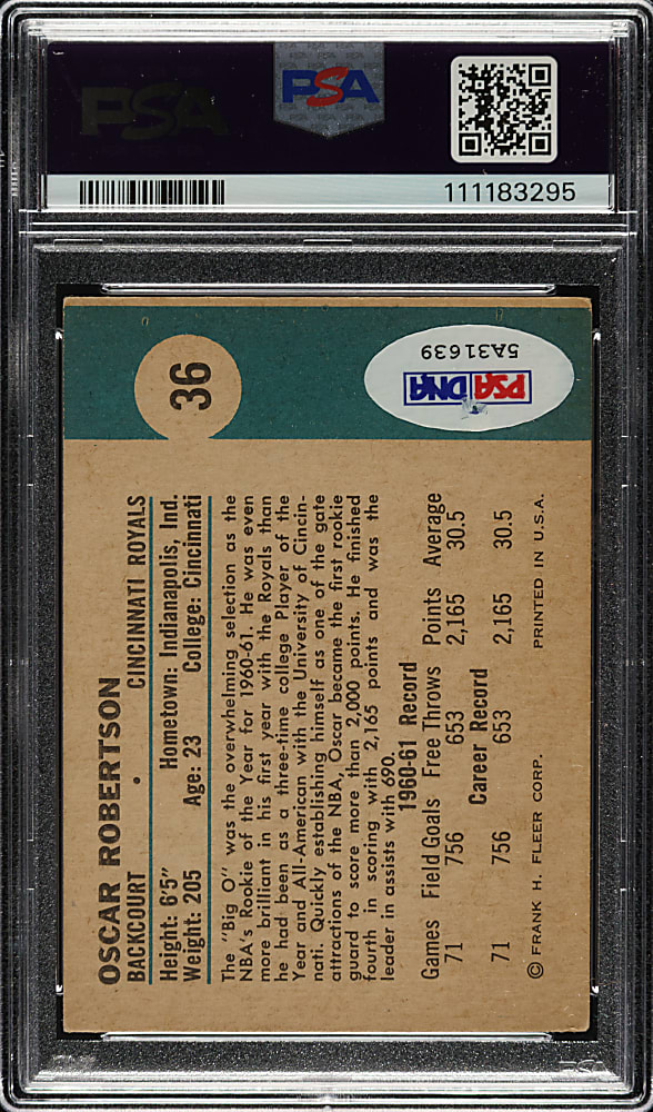 Signed 1961-1962 Fleer Basketball #36 Oscar Robertson Rookie PSA/DNA MINT 9
