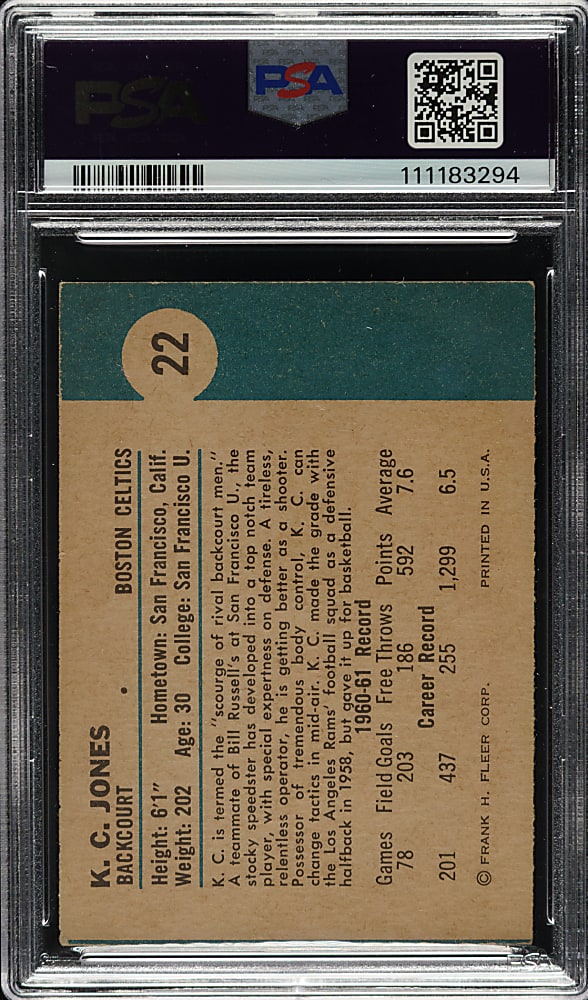 Signed 1961-1962 Fleer Basketball #22 K.C. Jones Rookie PSA/DNA NM 7