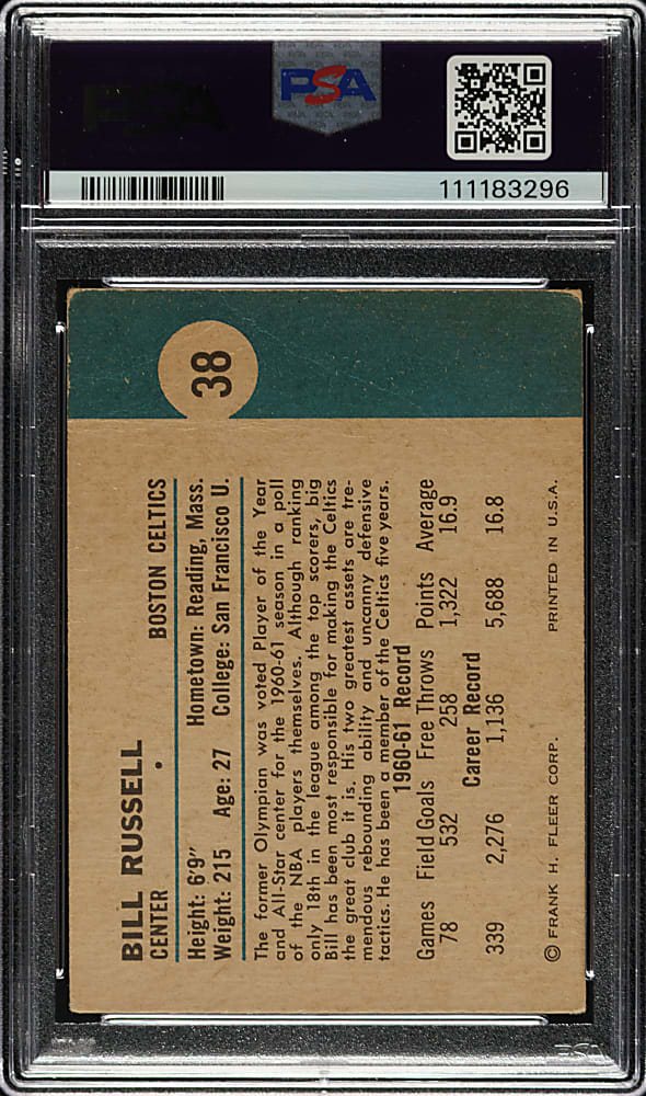 Signed 1961-1962 Fleer Basketball #38 Bill Russell PSA/DNA GEM MINT 10