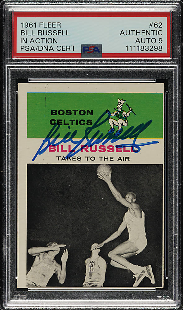 Signed 1961-1962 Fleer Basketball #62 Bill Russell In Action PSA/DNA MINT 9