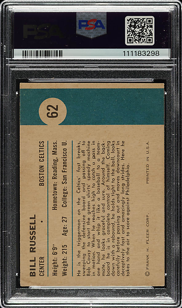 Signed 1961-1962 Fleer Basketball #62 Bill Russell In Action PSA/DNA MINT 9